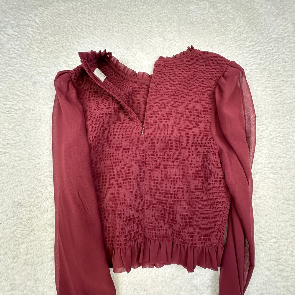 Wilfred Smocked Blouse Burgundy Long‎ Sleeve Sheer Puff Sleeve Women's S - Picture 12 of 13